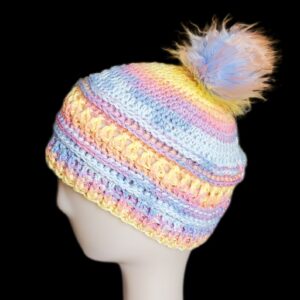 Pastel Multicolor Crochet Beanie with Faux Fur Pompom