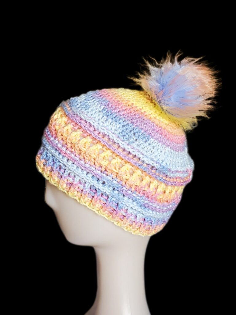 Pastel Multicolor Crochet Beanie with Faux Fur Pompom